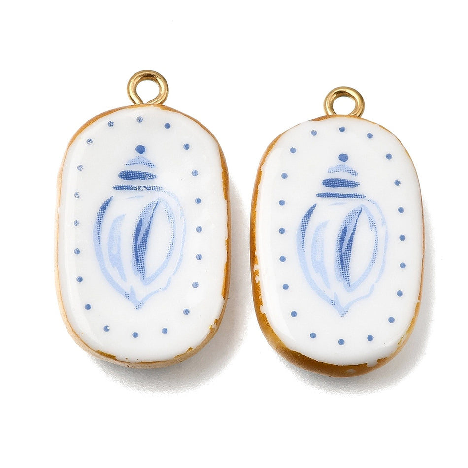 Printed Handmade Porcelain Pendant Size: about length 29~29.5mm, width 16.5mm, thickness 4.5~5.5mm, hole: 2m 1pc