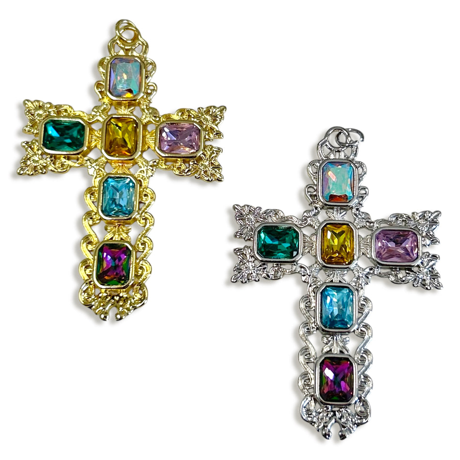 Big Cross Pendant with Mixed Color Rhinestone, 70x45mm