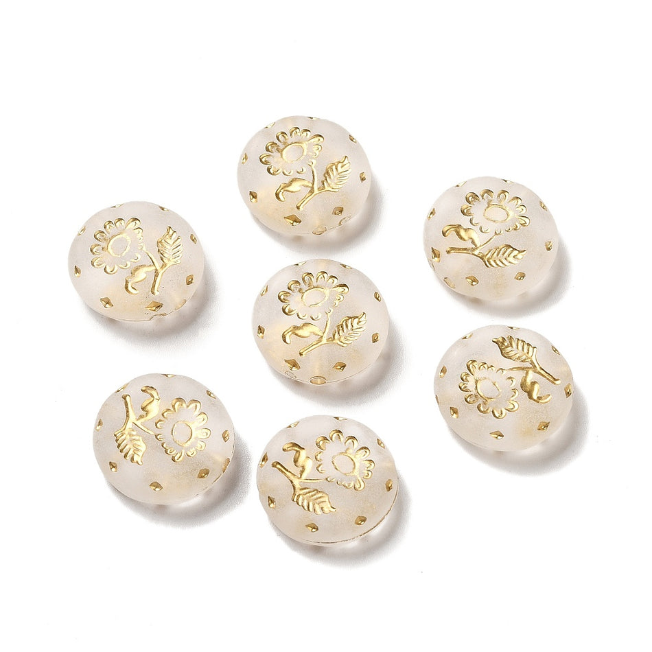 Flat-Round Frosted Clear-Gold Acrylic Beads, 10pcs