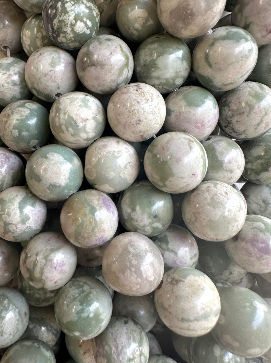 Green and Grey Gemstone Round Bead Strand, 16mm