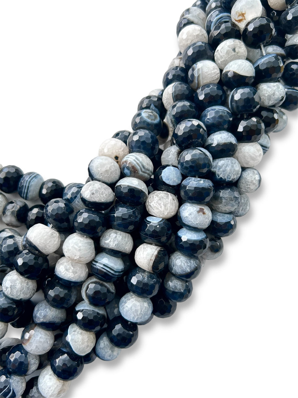 Faceted Rondelle Black and White Agate Bead Strand, 16mm