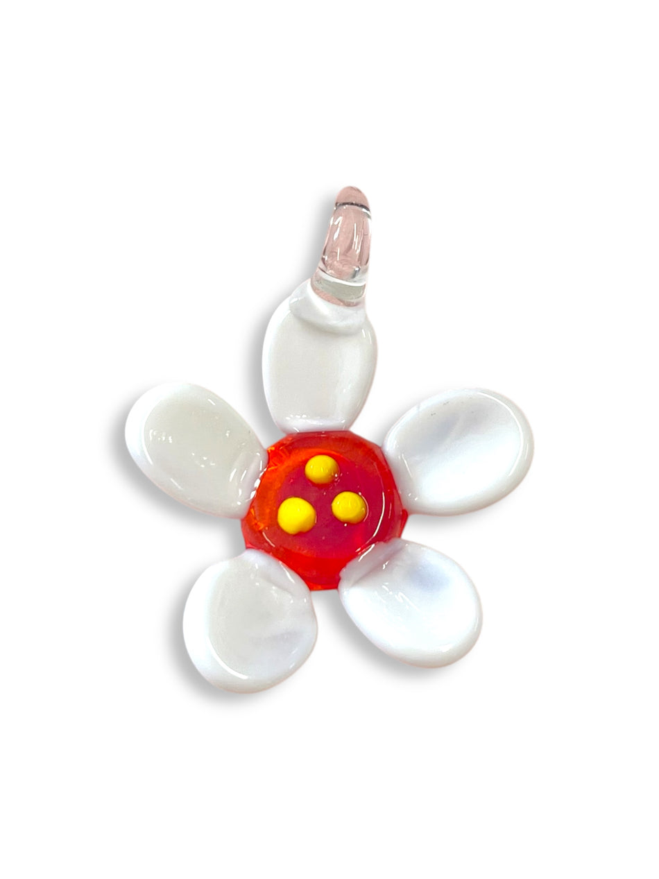 White and Red Flower Lampwork Pendant 40mm, 1pc