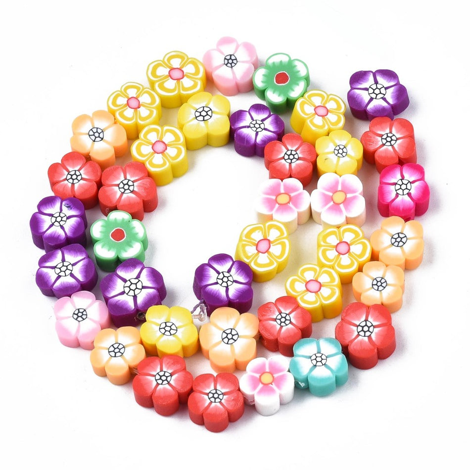 Flower Polymer Clay Beads, strand