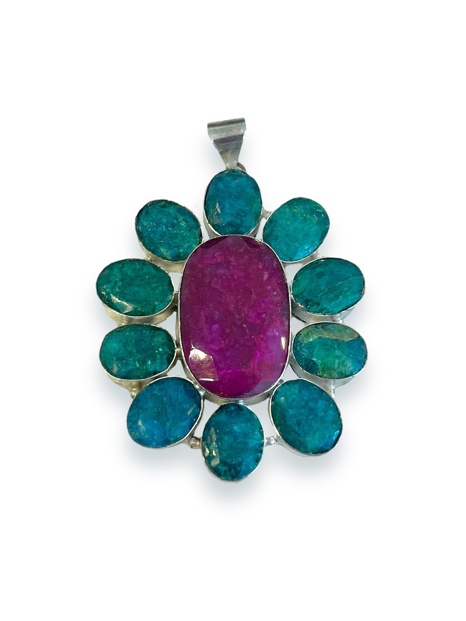 Green and Magenta Flower Pendant, 1pc