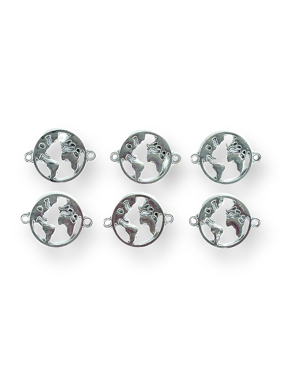 Silver World Map Connector, 6pcs