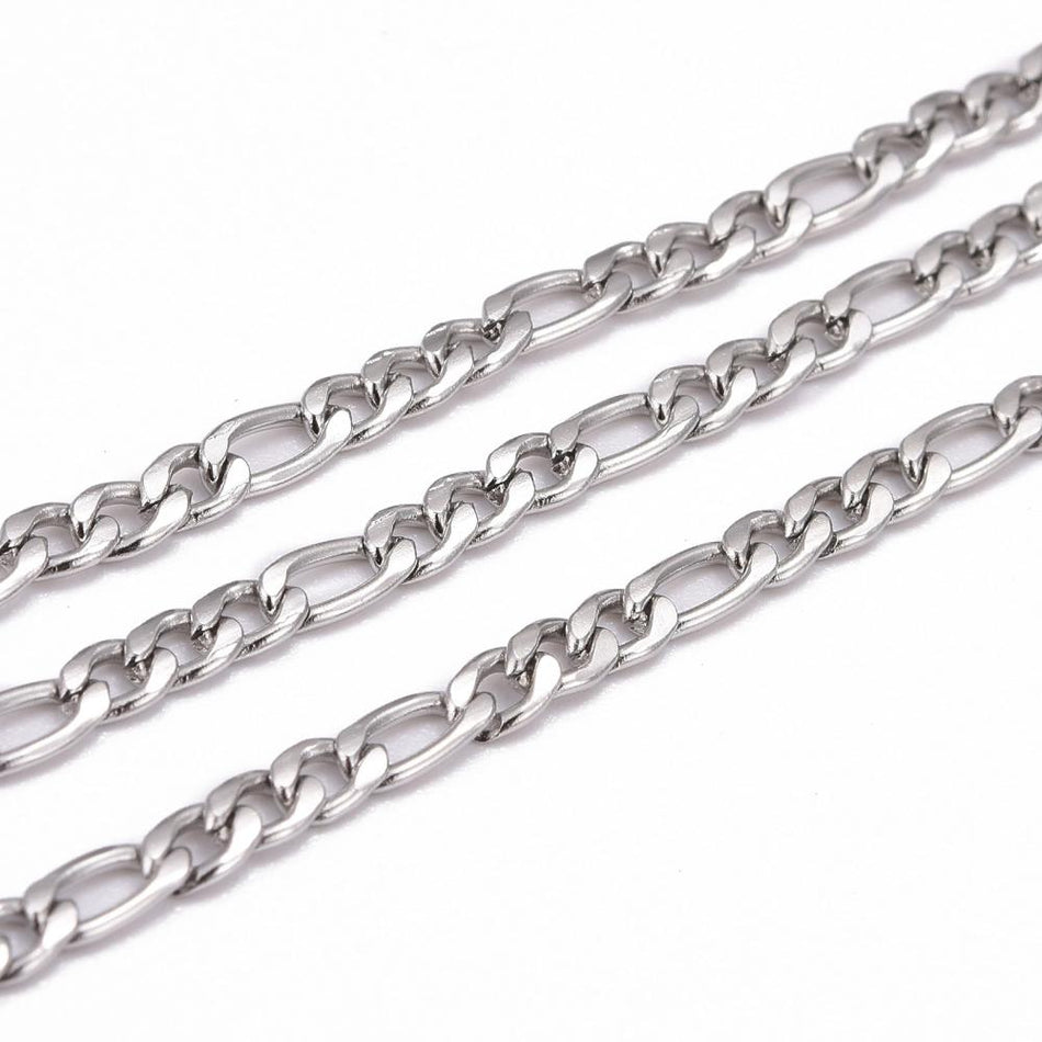 Stainless Steel Silver Figaro Chain 3mm, 10 Yards Roll