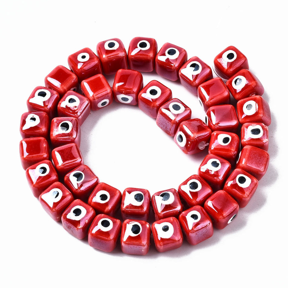 Red Evil Eye Porcelain Cube Bead Strand