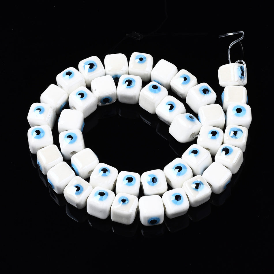 White Evil Eye Porcelain Cube Bead Strand