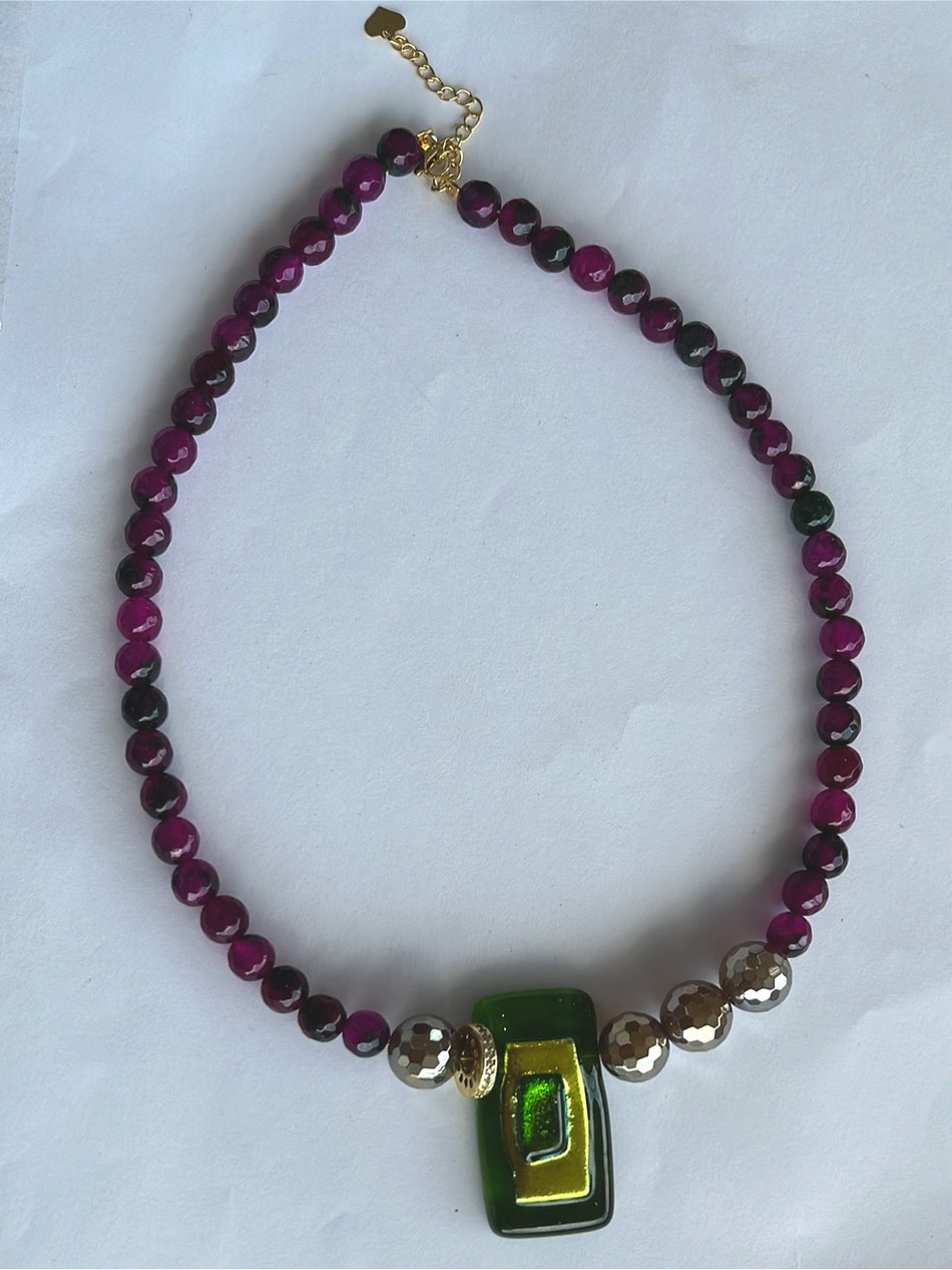 Kit Purple Necklace with a Green Rectangular Focal Point