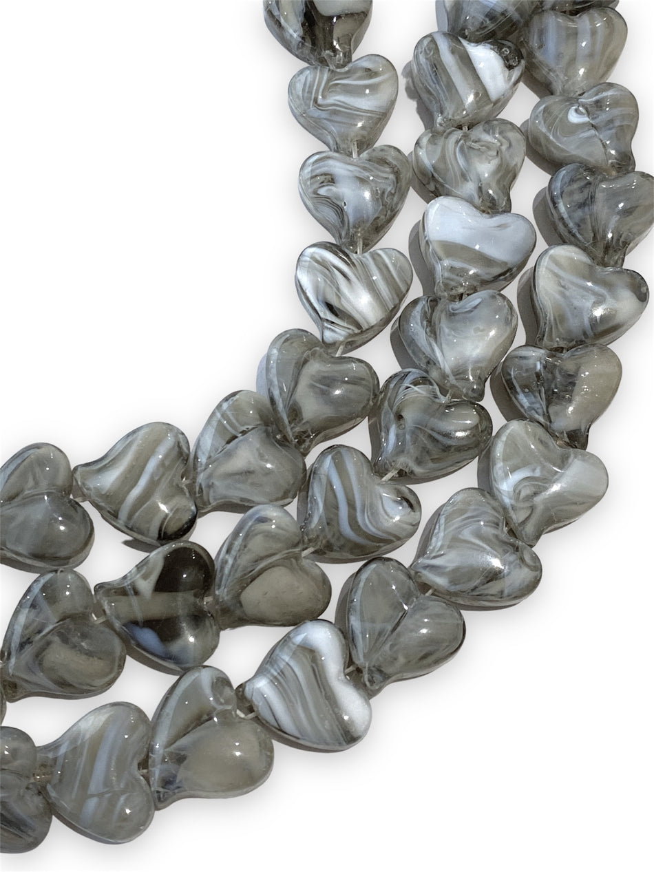 Gray Lampwork Heart Bead Strand, 16mm