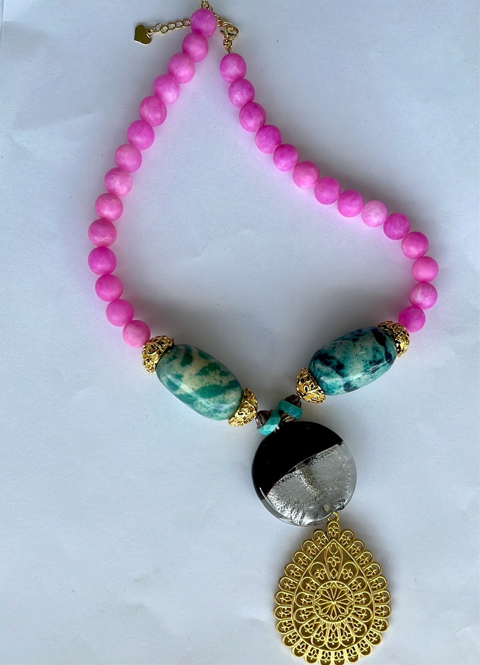 Kit Pink Necklace with a Gold Drop Focal Point