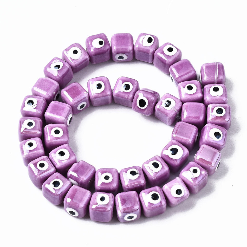 Purple Evil Eye Porcelain Cube Bead Strand