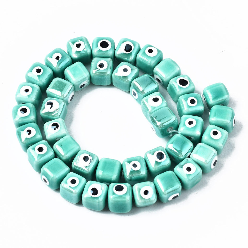 Teal Evil Eye Porcelain Cube Bead Strand