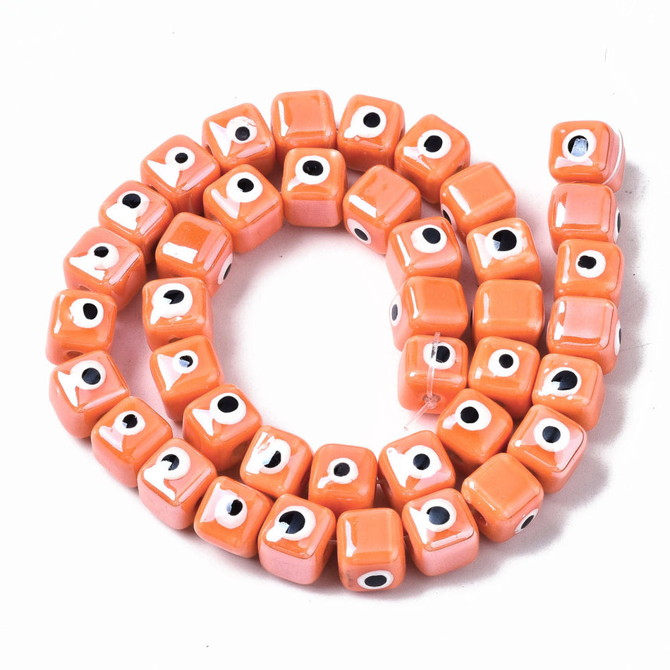 Orange Evil Eye Porcelain Cube Bead Strand