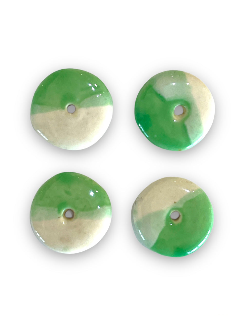 White-Green Ceramic Rondelles, 4pcs