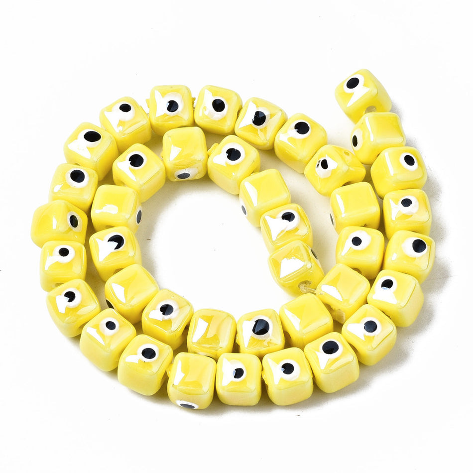 Yellow Evil Eye Porcelain Cube Bead Strand