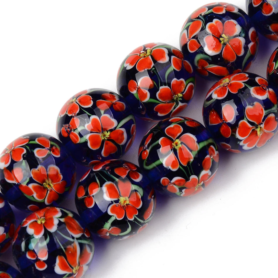 Dark-Colored Flower Round Lampwork Bead, 1pc