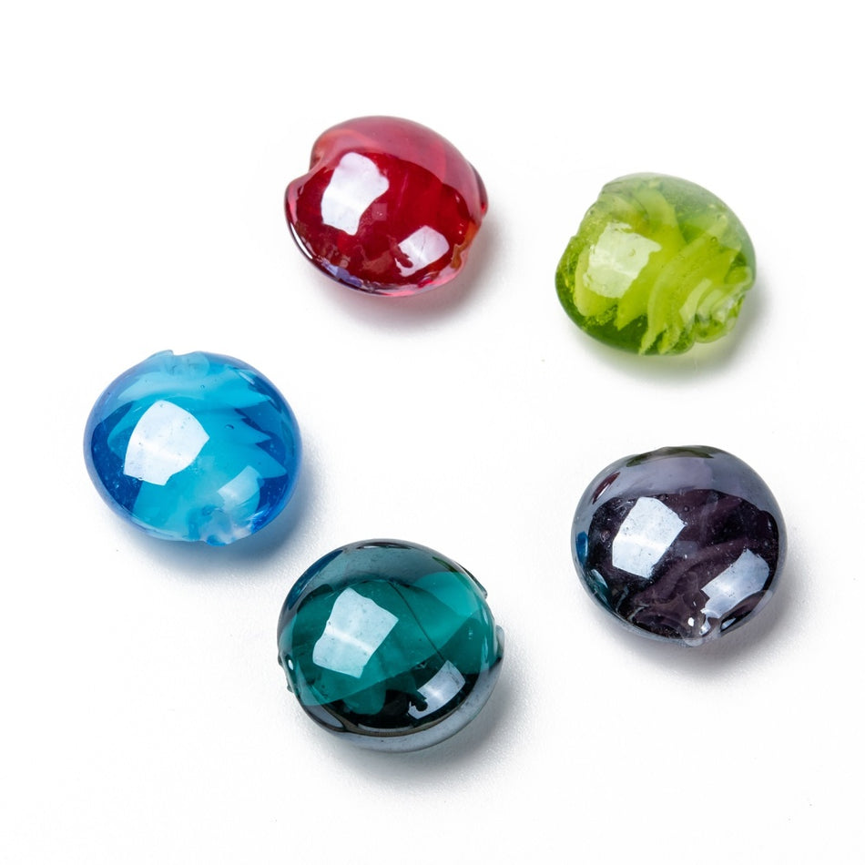 Mixed Color Flat Round Lampwork Beads, 5pcs