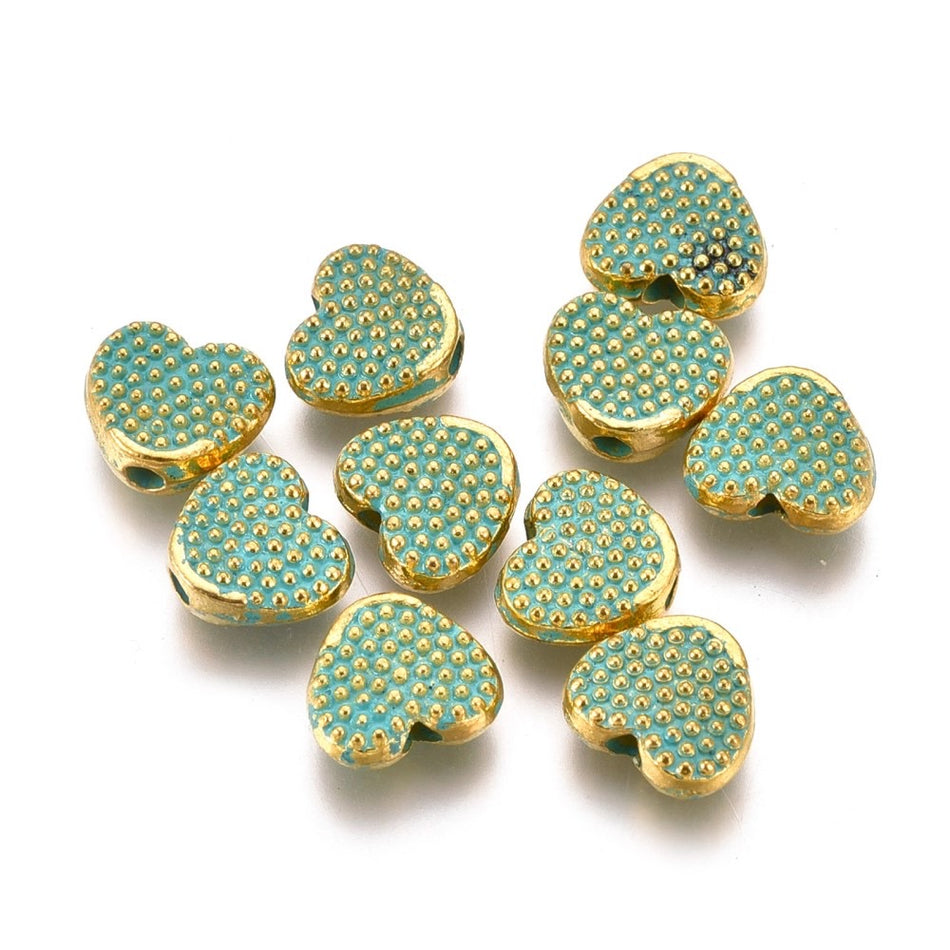 Verdigris Metal heart beads 7mm 10 pcs