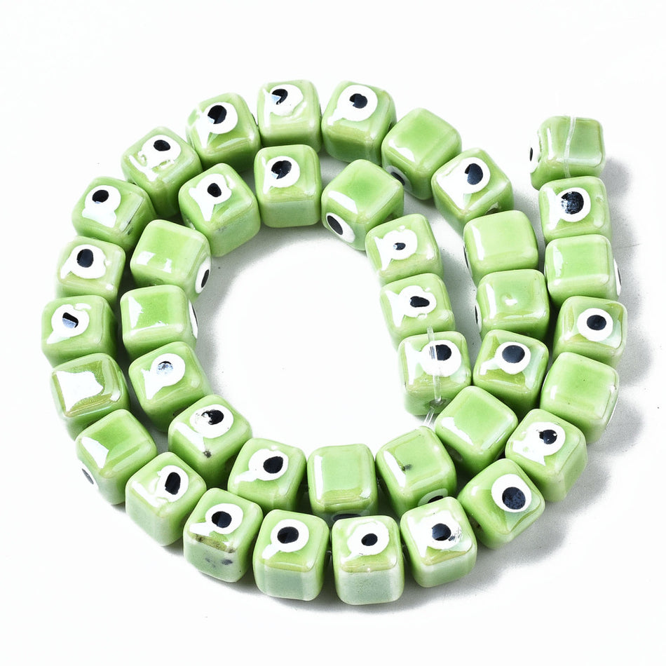 Green Evil Eye Porcelain Cube Bead Strand