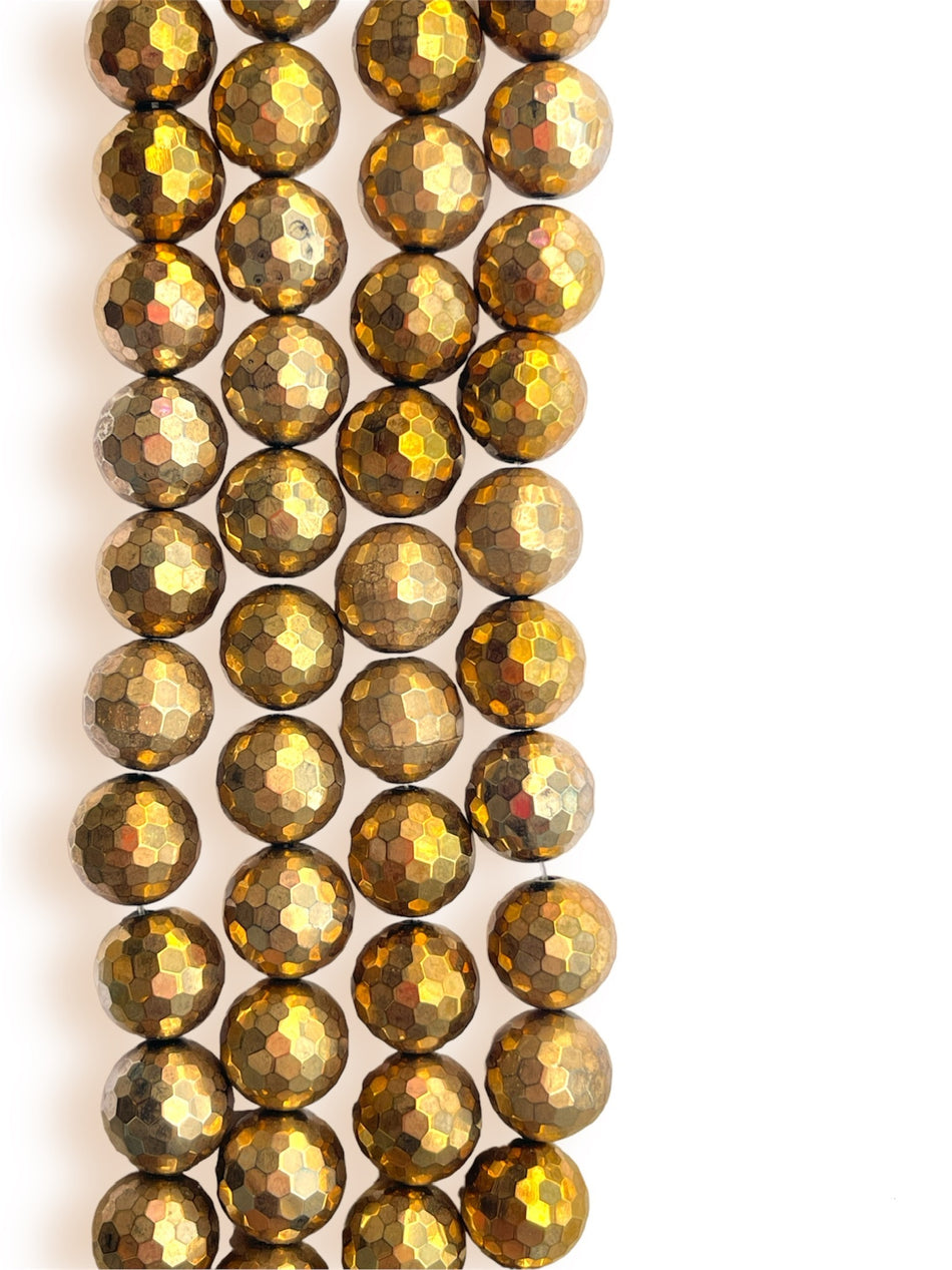 Gold Faceted Round Hematite Strand, 16mm