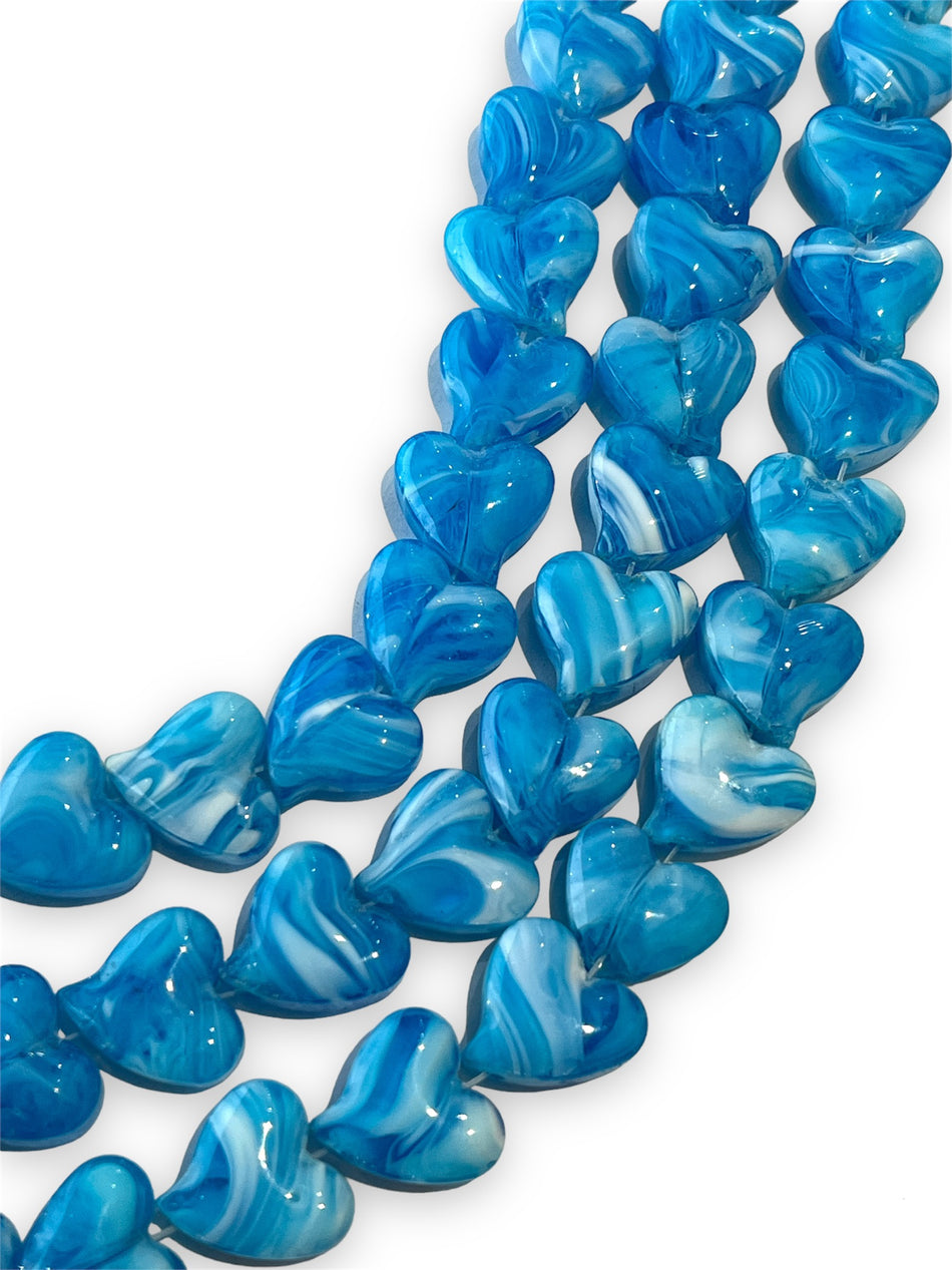 Hilo de cuentas en forma de corazón de murano azul, 16 mm